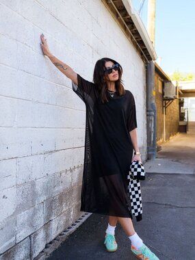 Dressed in Lala Karma Oversized Mesh Dress + Slip in Black | XL